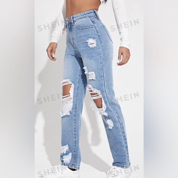 SHEIN Blue Distressed High Rise Jeans - Picture 2 of 12